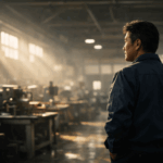 Factory leader standing alone in manufacturing workshop thinking about process improvement and workplace reform