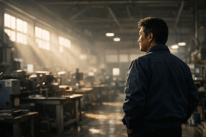 Factory leader standing alone in manufacturing workshop thinking about process improvement and workplace reform