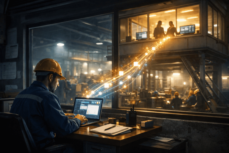 Factory worker sharing operational information through digital workflow on laptop in manufacturing workplace to support faster management decision making